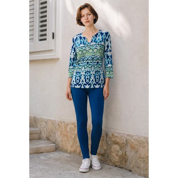 Multiples Tops - Cotton blend tunic top, Multiples brand, ikat print embellished neckline XSmall